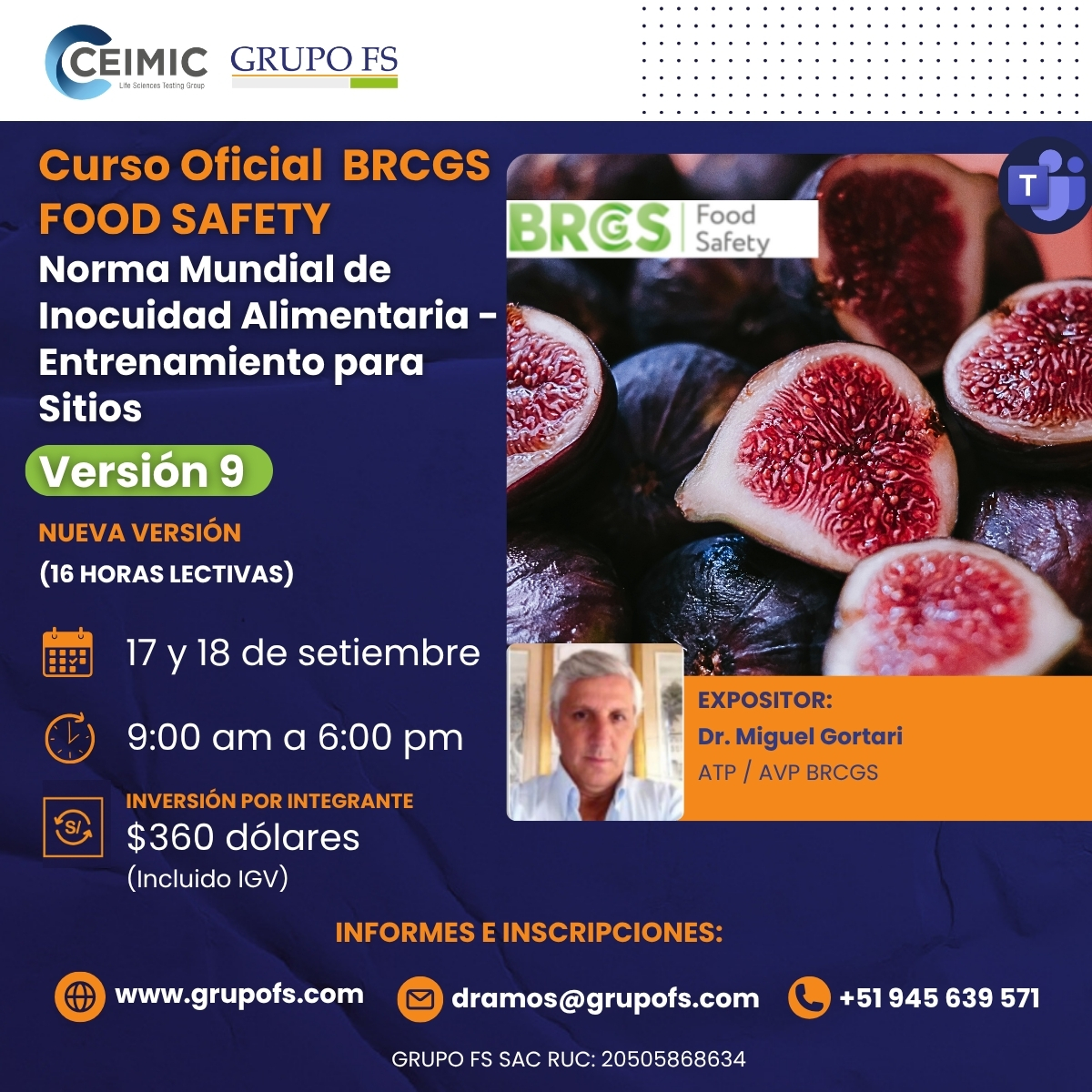 CURSO OFICIAL BRCGS - FOOD SAFETY VERSIóN 9- ENTRENAMIENTO PARA SITIOS “SITES TRAINING”